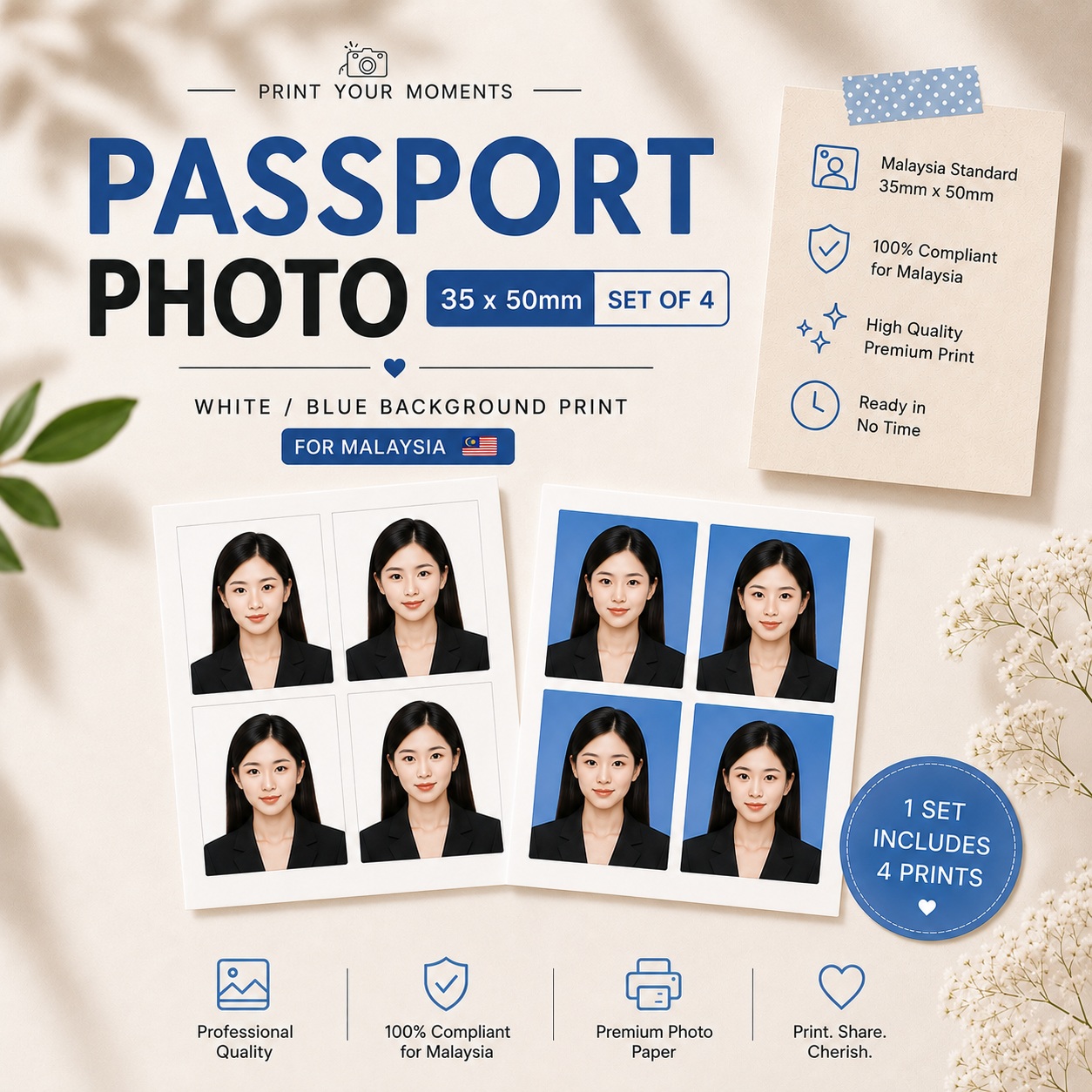 35x50mm for Malaysia Passport & Visa (Set of 4) photo prints